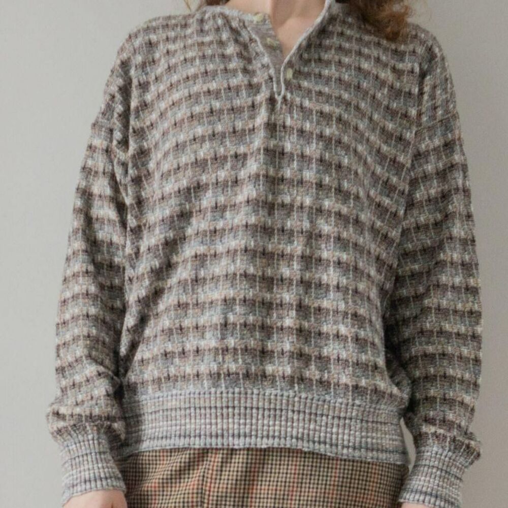 Vintage European Florence Tricot Knit Coogi Style Brown Beige Henley Sweater